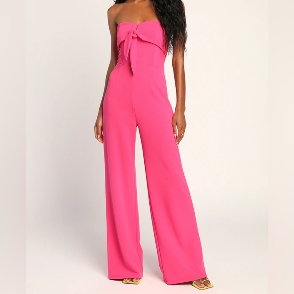 Lulu’s Ready to Impress Hot Pink Strapless Tie-Front Wide-Leg Jumpsuit Small